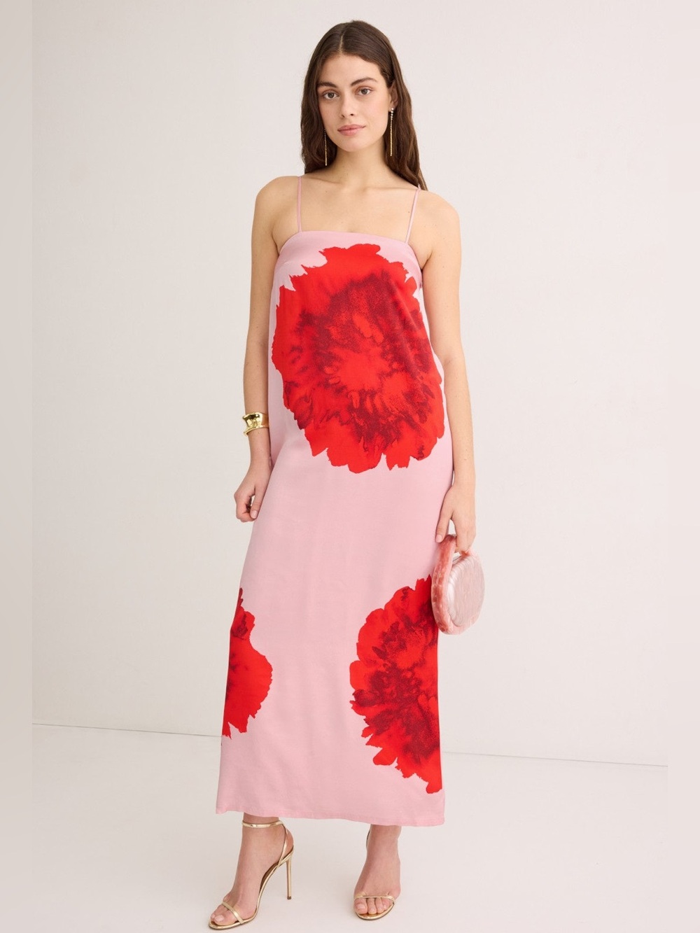 Pink Maxi Slip Dress with Red Floral Motif